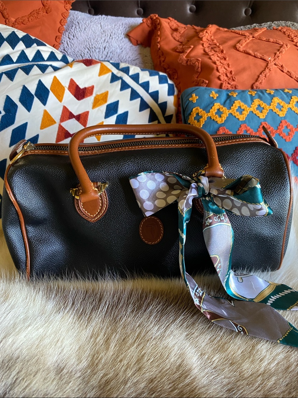 Trussardi Black Pebbled Leather Satchel with Brown Trim and Scarf Accent